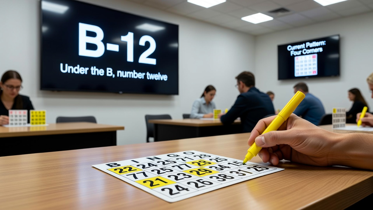 Bingo callers using traditional number announcements alongside modern digital displays in a busy hall