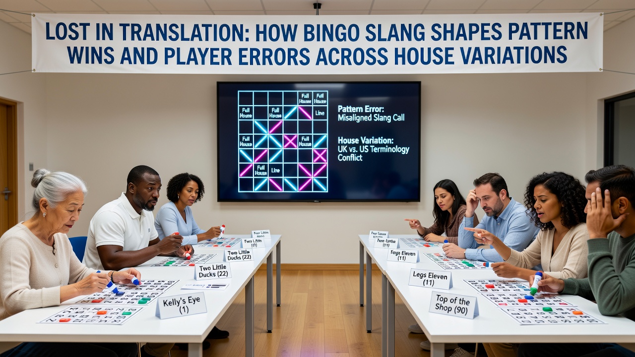 Bingo players marking cards in a traditional hall with numbers called using regional slang terms