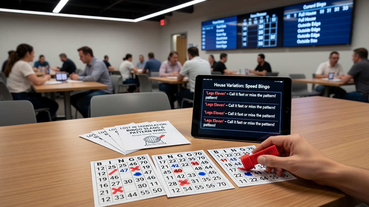 Close-up of bingo cards showing marked patterns and potential error spots due to slang confusion
